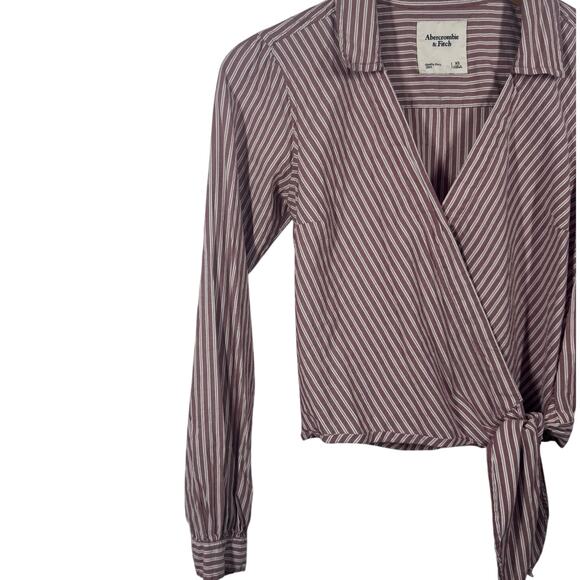 Abercrombie & Fitch Top Women XS Purple Stripe Crop Wrap Blouse Cotton Spring - Picture 4 of 5